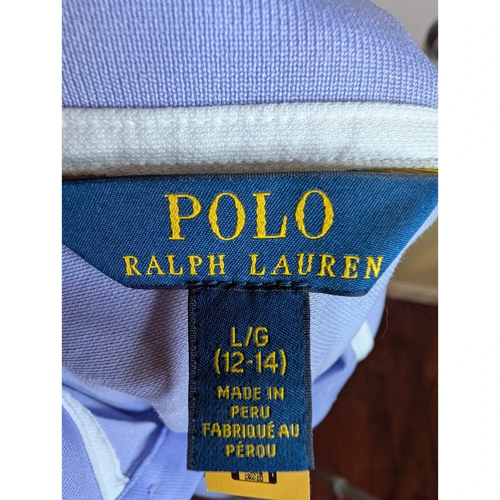 Polo Ralph Lauren Polo Shirt Girls L‎ 12-14 Purple Tipped Short Sleeve Pony Logo